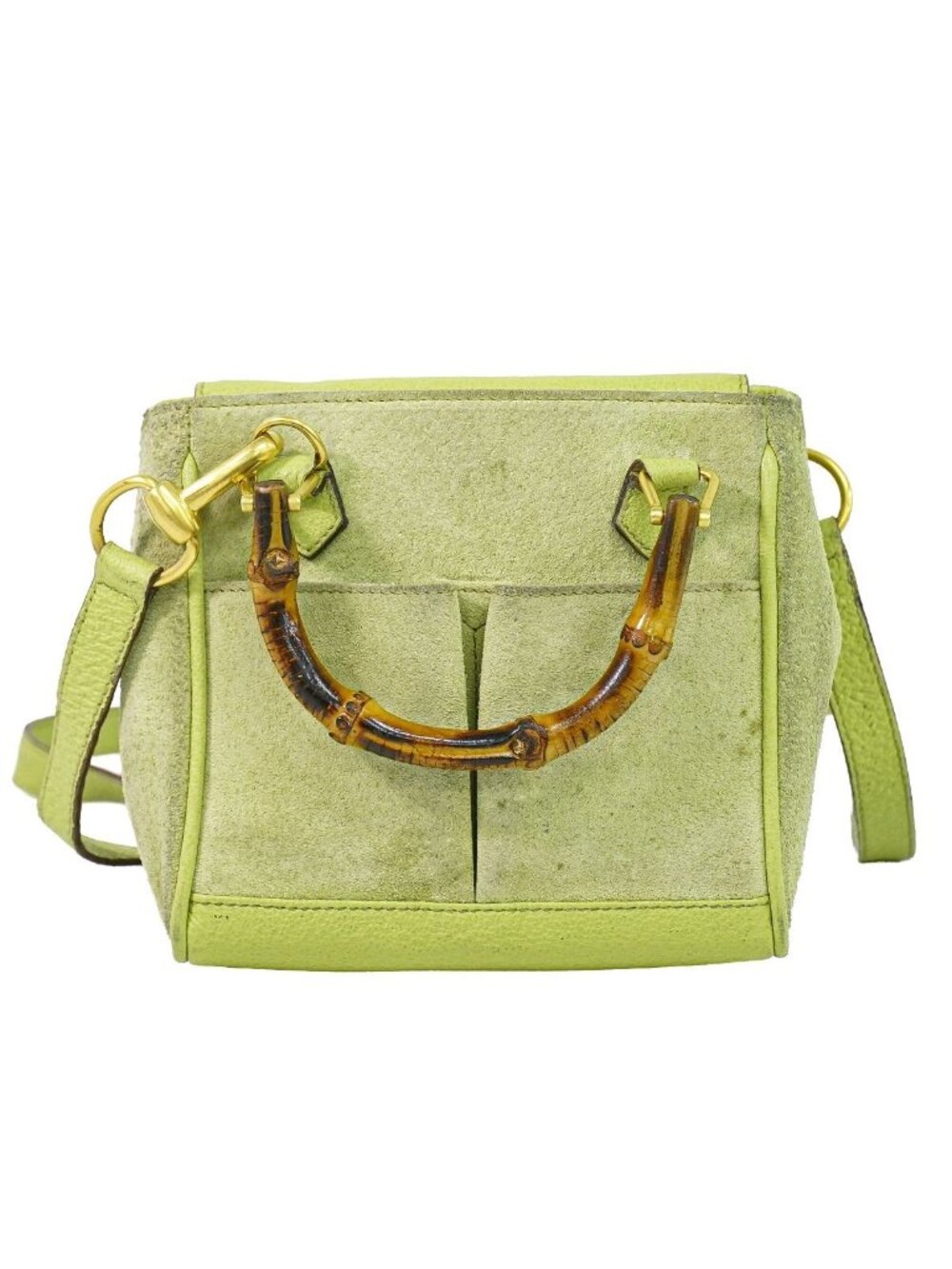 Gucci Bamboo 2-Way Shoulder Bag Pochette Suede Leather Green
